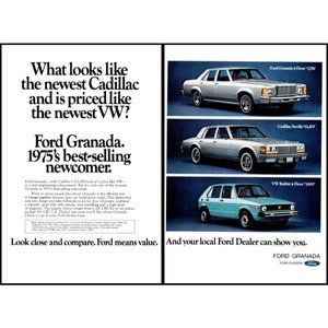 1975 Ford Granada vs Cadillac VW Volkswagen Golf 2 Page Vintage Print Ad Decor